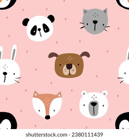 cute hand drawn baby animals on a pink background with kitten, fox, penguin, dog, hare, panda bear, kids scandinavian seamless pattern for textile