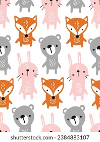 cute hand drawn baby animals, fox, bunny, bear, seamless pattern texture for kids background, textile, fabric or wrapping paper