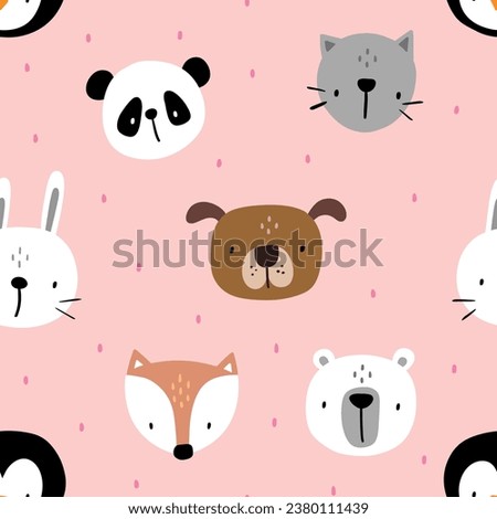 cute hand drawn baby animals on a pink background with kitten, fox, penguin, dog, hare, panda bear, kids scandinavian seamless pattern for textile