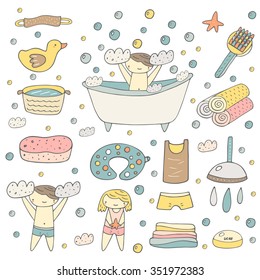 Cute hand drawn baby bathing objects collection including bath, foam, duck, soap, towel, t shirt, pants, shower, drops, sponge, air pillow, bubbles, washbowl. Girl and boy taking bath background