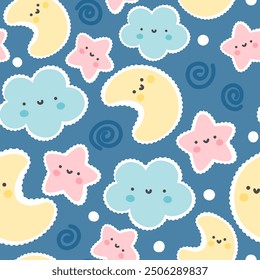 Cute hand drawn baby blue clouds, pastel pink stars, soft yellow moon on a deep blue background. Kids sky seamless pattern.