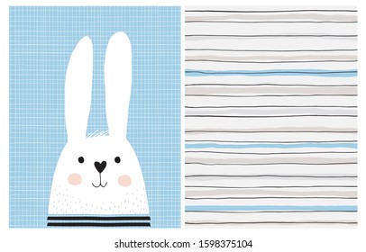 Cute Hand Drawn Baby Boy Vector Illustrations.White Fluffy Bunny Isolated on a Light Blue Background. Abstract Striped Vector Print. Lovely Nursery Art for Card, Invitation, Wall Art, Baby BoyParty.