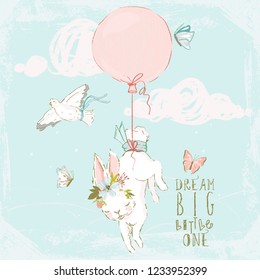 Cute hand drawn baby bunny with floral wreath, pigeons, butterflies, balloon and clouds