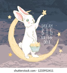 Cute hand drawn baby bunny with a night star staying on a moon and clouds