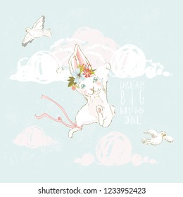 Cute hand drawn baby bunny with floral wreath, pigeons and clouds