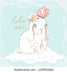 Cute hand drawn baby bunny with flowers, butterfly and cloud