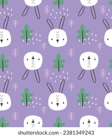 cute hand drawn baby bunny in the forest with green trees and pines, scandinavian seamless pattern for kids textile