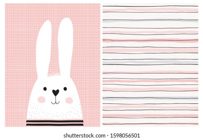 Cute Hand Drawn Baby Girl Vector Illustrations.White Fluffy Bunny Isolated on a Light Pink Background. Abstract Striped Vector Print.Lovely Nursery Art for Card, Invitation, Wall Art, Baby Girl Party.