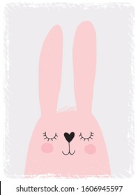 Cute Hand Drawn Baby Girl Vector Illustration. Pink Fluffy Bunny Isolated on a Grunge Off-White Background.Lovely Nursery Art for Card, Invitation, Wall Art, Baby Girl Party. Easter Bunny Vector Card.