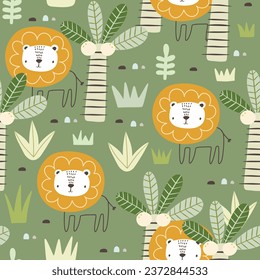 Cute hand drawn baby Lion in the jungle around palms and grass on a green pastel background, kids fabric, textile seamless pattern