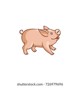 Cute hand drawn baby pig, side view flat cartoon vector illustration isolated on white background. Cute little pig standing on four legs, farm animal, vector illustration