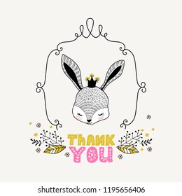 Cute hand drawn baby princess girl rabbit face. Doodle card print template, sketch romantic. Poster design vector illustration.