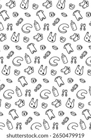 Cute hand drawn baby products monochrome background pattern