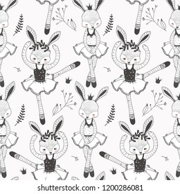 Cute hand drawn baby rabbits seamless pattern. Cartoon ballerina background doodle style. Wrapping paper for girls. Surface design vector illustration.