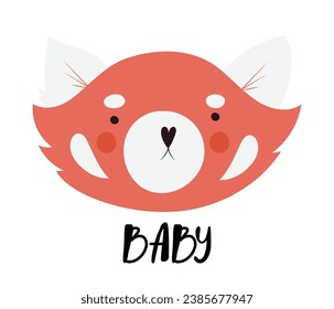 Cute hand drawn baby red panda face with lettering, isolated vector illustration