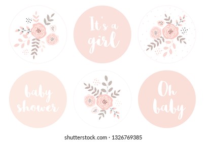 Cute Hand Drawn Baby Shower Vector Sticker. Round Tags with Abstract Flowers.Pink Color Bouquet in a Circle. It's a Girl.Lovely Baby Shower Theme Cake Toppers Set.Funny Decoration for Baby Girl Party.