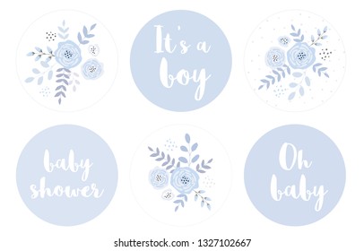 Cute Hand Drawn Baby Shower Vector Sticker. Round Tags with Abstract Flowers. Blue Color Bouquet in a Circle. It's a Boy. Lovely Baby Shower Theme Cake Toppers Set.Funny Decoration for Baby Boy Party.