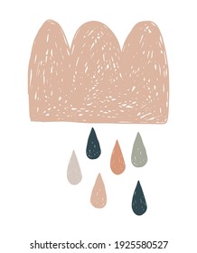 Cute Hand Drawn Baby Shower Vector Illustration with Brown Cloud and Rain Drops. Doodle Style Rainy Cloud Isolated on a White Background. Nursery Art ideal for Card, Wall Art, Poster, Invitation.