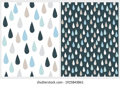 Cute Hand Drawn Baby Shower Vector Seamless Pattern with Blue, Gray and Beige Rain Drops. Doodle Style Water Drops Isolated on a White Background. Nursery Art ideal for Fabric, Textile.