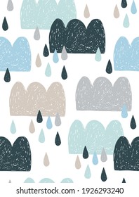 Cute Hand Drawn Baby Shower Vector Seamless Pattern with Blue, Gray and Beige Clouds and Rain Drops. Doodle Style Rainy Clouds Isolated on a White Background. Nursery Art ideal for Fabric, Textile.