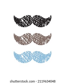 Cute Hand Drawn Baby Shower Vector Illustration with Blue, Brown and Black Sketched Moustaches on White Backgrounds. Infantile Style Nursery Art ideal for Wall Art, Poster, Boy's Room Decoration.