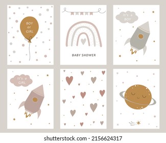 Cute hand drawn baby shower cards. Funny birthday cards. Set of greeting posters in Scandinavian style. Boy or girl. It's a boy. It's a girl. Collection of templates for stories on social networks