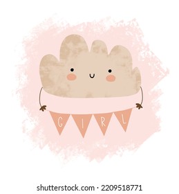 Cute Hand Drawn Baby Shower Vector Illustration with Cloud Holding Garland with Handwritten "Girl".Beige Fluffy Cloud on a Pastel Pink Grunge Background. Lovely Nursery Art ideal for Card, Invitation.