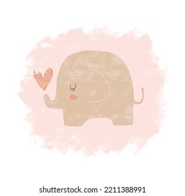 Cute Hand Drawn Baby Shower Vector Illustration with Sweet baby Elephant. Beige Chubby Elephant and Red Heart on a Pastel Pink Grunge Background. Lovely Nursery Art ideal for Card, Invitation, Poster.