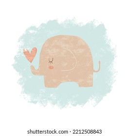 Cute Hand Drawn Baby Shower Vector Illustration with Sweet Baby Elephant. Beige Chubby Elephant and Red Heart on a Pastel Blue Grunge Background. Lovely Nursery Art ideal for Card, Invitation, Poster