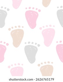 Cute Hand Drawn Baby Shower Wallpaper. Pink, Gray And Beige Little Baby Feet Isolated on a White Background. Seamless Vector Pattern with Little Baby Feet Ideal For Baby Girl.