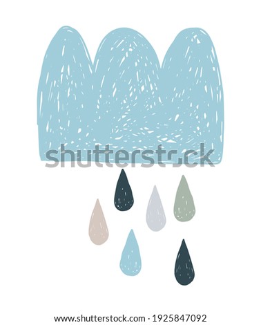 Cute Hand Drawn Baby Shower Vector Illustration with Blue Cloud and Rain Drops. Doodle Style Rainy Cloud Isolated on a White Background. Nursery Art ideal for Card, Wall Art, Poster, Invitation.