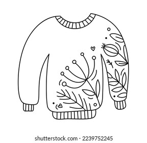 Cute hand drawn baby vector Christmas pullover. Line winter image with berries, branches texture. Xmas advent icon outline illustration for greeting card baby, web design, invitation.