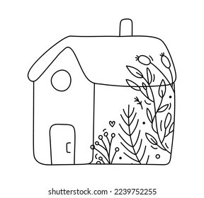 Cute hand drawn baby vector Christmas house. Line winter image with berries, branches texture. Xmas advent home icon outline illustration for greeting card baby, web design, invitation.
