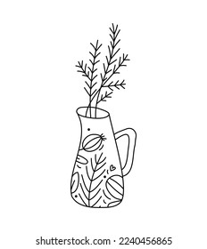 Kleine, handgezeichnete Baby Vektor Weihnachtsvase mit Ast. Line Winter Bild mit Beeren, Äste Textur. Xmas Advent Home Symbol Umriss für Grußkartenbaby, Web-Design, Einladung.