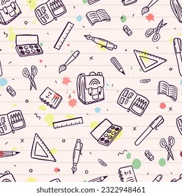 Cute hand drawn back to school seamless pattern, lovely school supplies, great for banners, wallpapers, wrapping - vector design