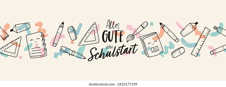 Mit dem Text in deutscher Sprache "Schulbeginn bald", liebevollen Schulmaterial, großartig für Banner, Bildschirmhintergründe, Umhüllung - Vektordesign