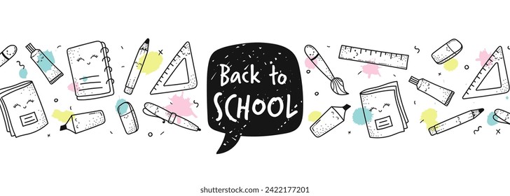 Cute hand drawn back to school  pattern with text Back to School - lovely school supplies, great for banners, wallpapers, wrapping - vector design