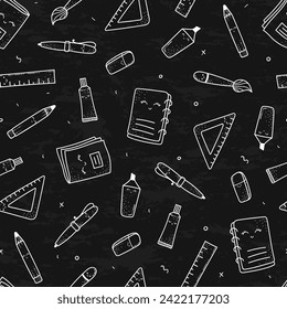 Cute hand drawn back to school seamless pattern, lovely school supplies, great for banners, wallpapers, wrapping - vector design