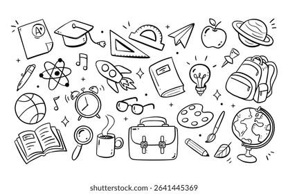 Cute hand drawn Back to School doodle background and isolated items, perfect for surface design, prints and crafting projects. A total of 28 different items. Vector illustration.