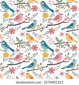 Cute hand drawn background with cute cartoon spring birds, blossom and branch. Seasonal seamless pattern cartoom style Springtime concept