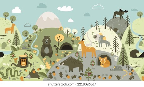 Cute hand drawn background in scandinavian style. Wild animals in the forest. Funny doodles of bear, elk, wolf, deer and fox. Flat seamless vector illustration.