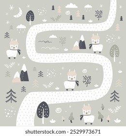 Fundo bonito desenhado à mão em estilo escandinavo. Estrada na floresta e lhamas de doodle engraçado e várias plantas. Alpacas adoráveis. Ilustração vetorial