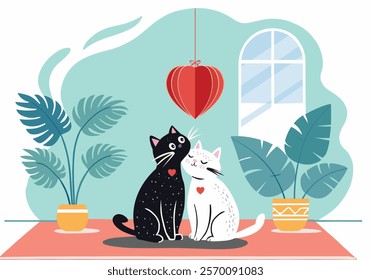 Cute hand drawn background with two cats in love sitting indoor home a red heart in the above them. Vector illustration of cute cats on Valentines day. Love and care concept. 