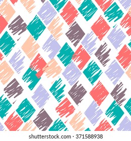 Cute hand drawn backgrounds colored in nice pastel colors. Isolated blue, pink, grey, turquoise  linear geometric figures in vector. Seamless abstract background with rhombuses in retro colors