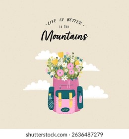 Cute hand drawn backpack with wild flowers - great for banners, wallpapers, cards. 