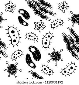 Cute Hand Drawn Bacteria And Virus Theme Doodle Seamless Pattern In White Isolated Background