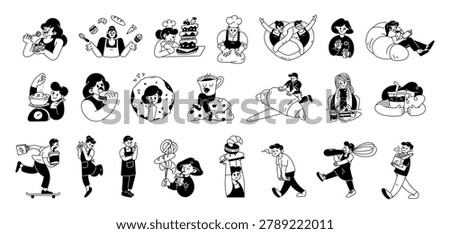 Cute hand drawn bakery people playful and enjoying set with cartoon characters with bread, croissants, donuts, cakes, drinks and baking elements in charming bakery lifestyle scenes.