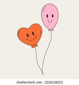 Cute hand drawn balloons for birthday, valentine day, anniversary and other celebration. Colorful party decoration. Festive characters with smiling faces