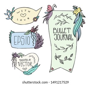 Cute Hand drawn Banners for your Design. Label for Notebook, Diary. Bullet Journal Frames Vector.