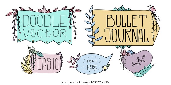 Cute Hand drawn Banners for your Design. Label for Notebook, Diary. Bullet Journal Frames Vector.